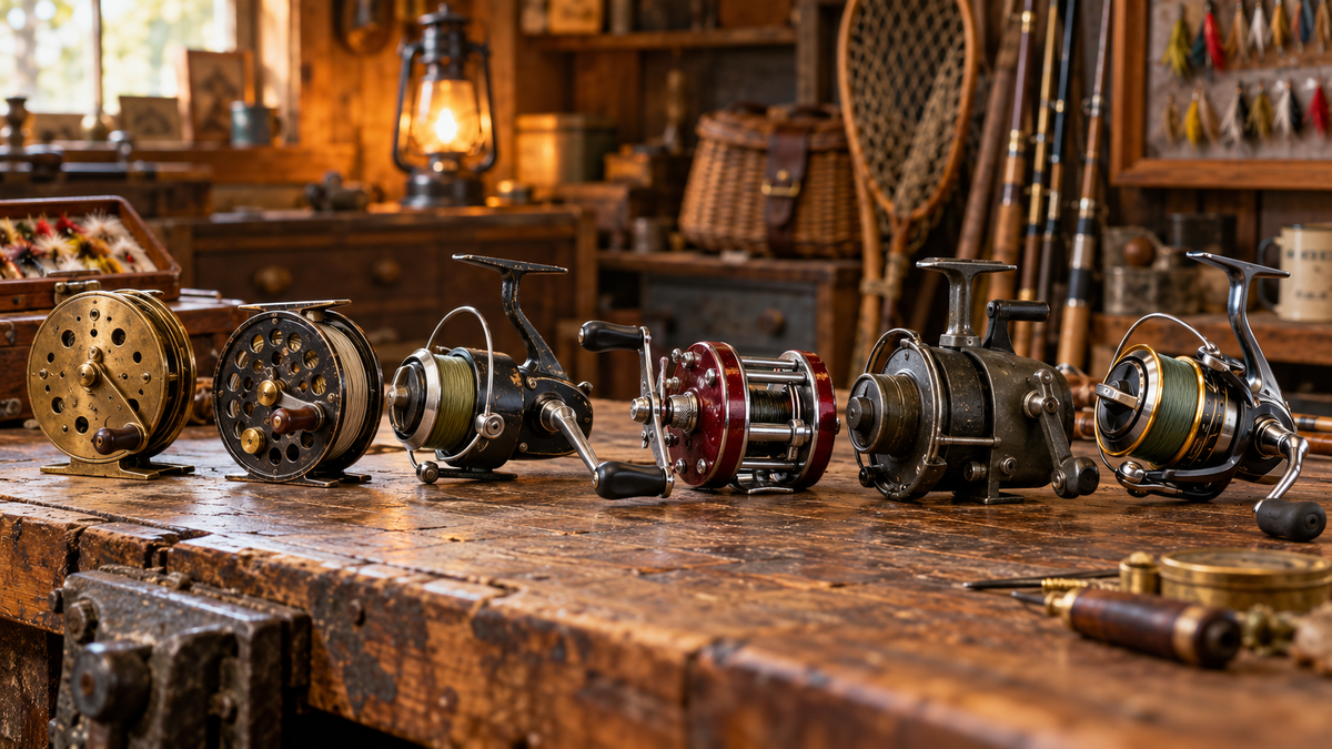 Vintage and modern fishing reels through the ages on a wooden workbench