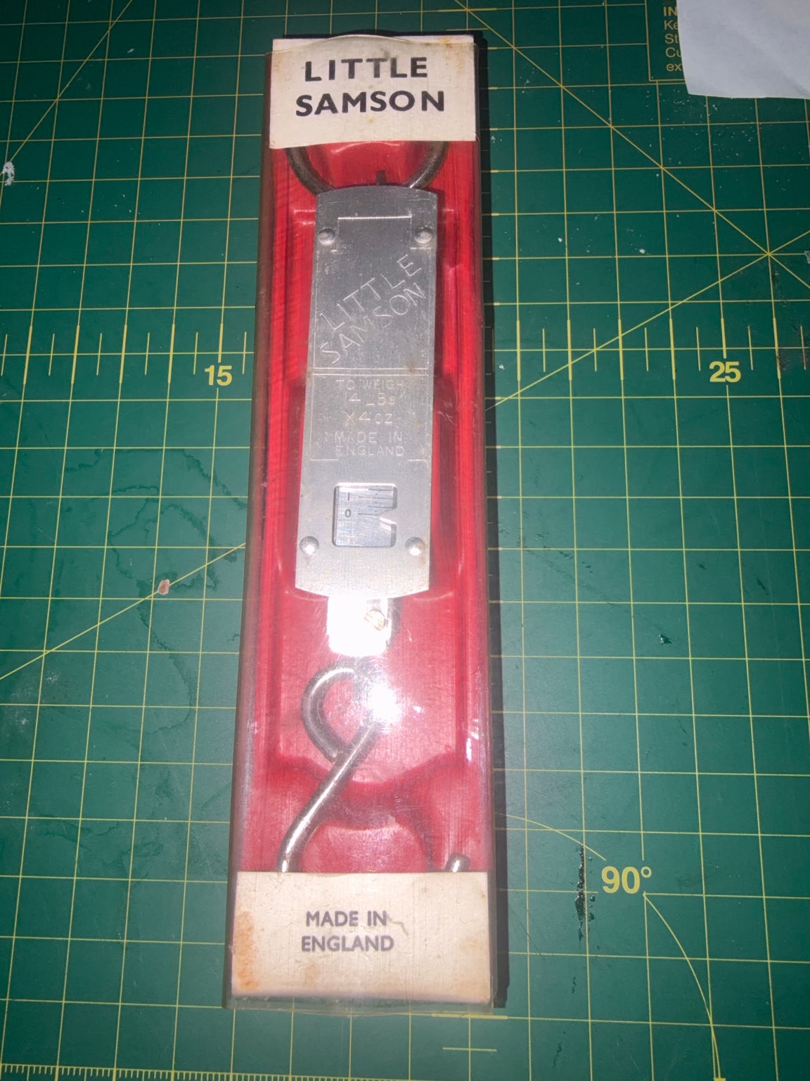 Vintage Little Samson 14lb pocket spring balance fishing scales in original packaging