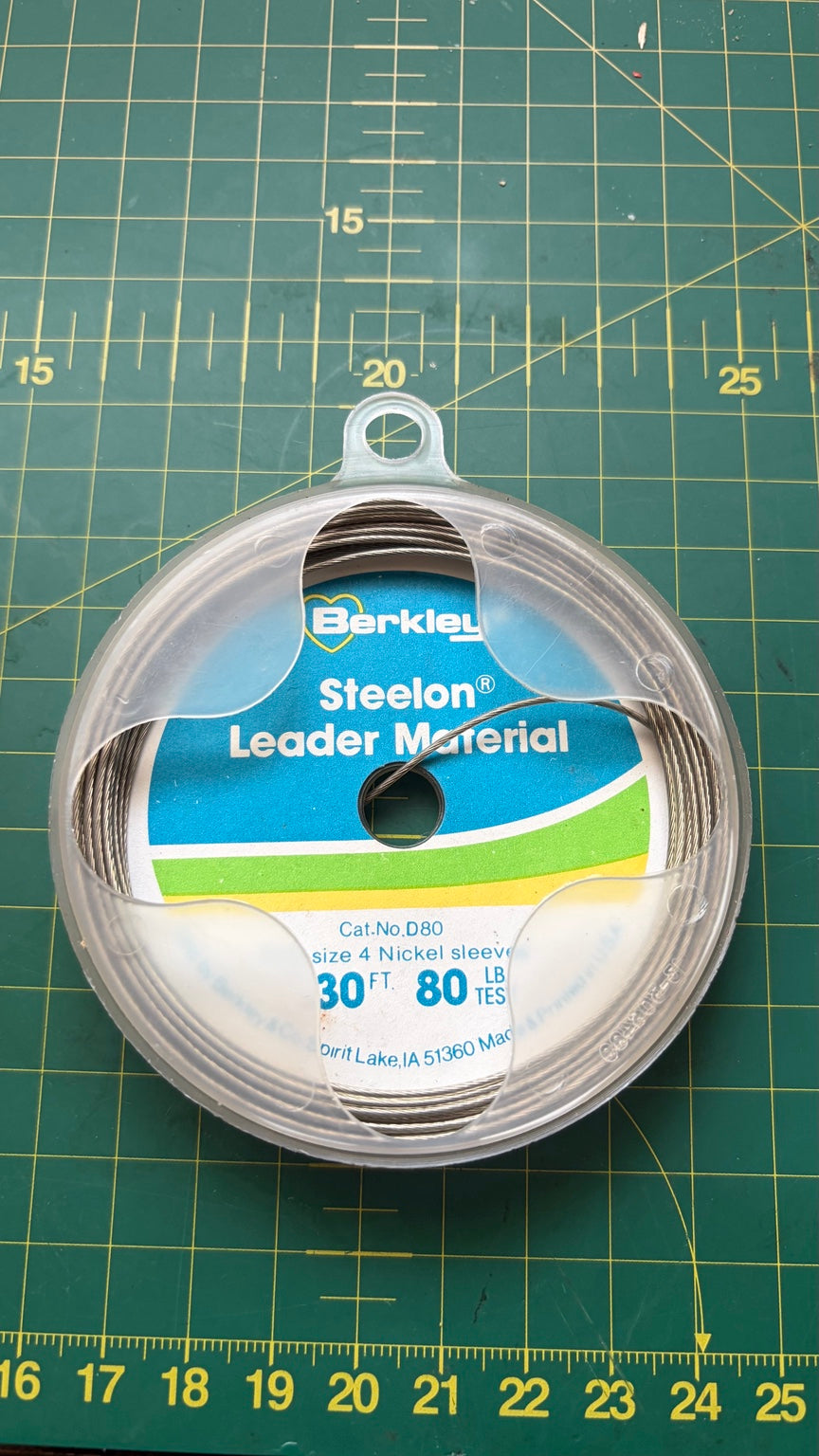 Vintage Berkley Steelon D80 80lb leader material 30ft spool with nickel sleeves