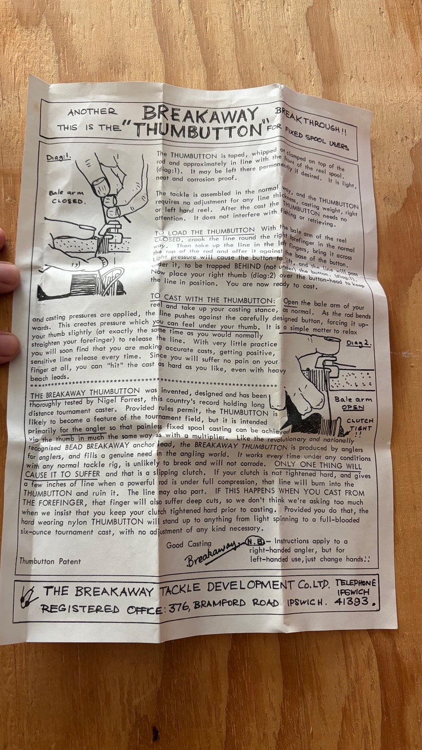Original vintage Breakaway Thumbutton instruction leaflet by Nigel Forrest
