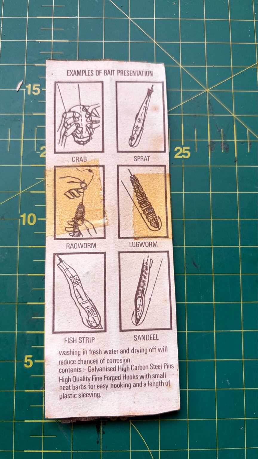 Vintage Triton Bait Pins instructions showing crab sprat ragworm lugworm fish strip and sandeel