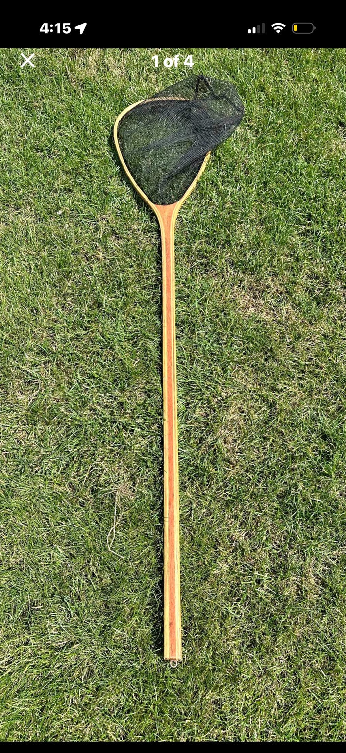 Vintage long handle wooden trout fly fishing landing net
