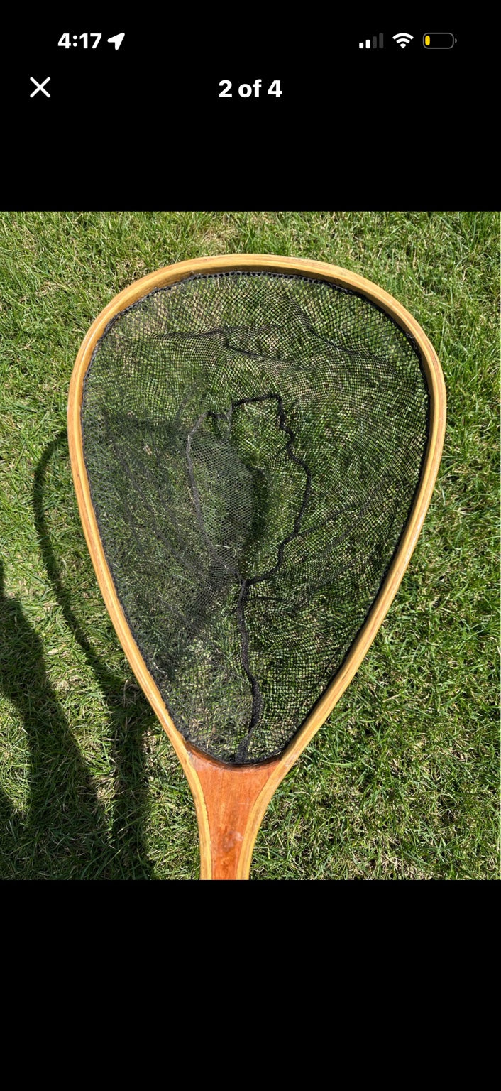 Vintage wooden landing net teardrop frame and black mesh