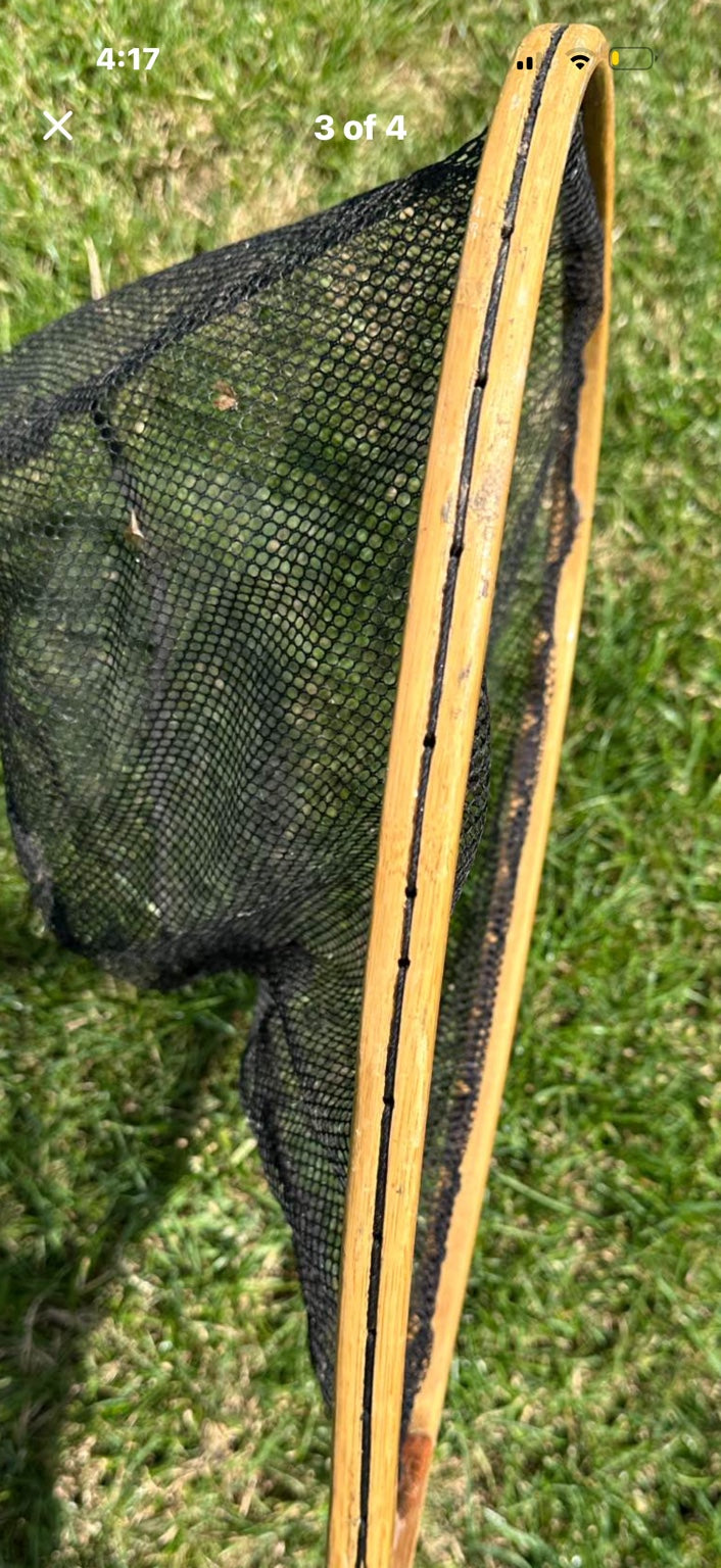 Vintage wooden landing net laminated frame detail